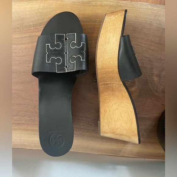 Tory Burch Ines Wedge Slides Calf Leather Metallic Perfect Black Sandals size 9 - Picture 6 of 10